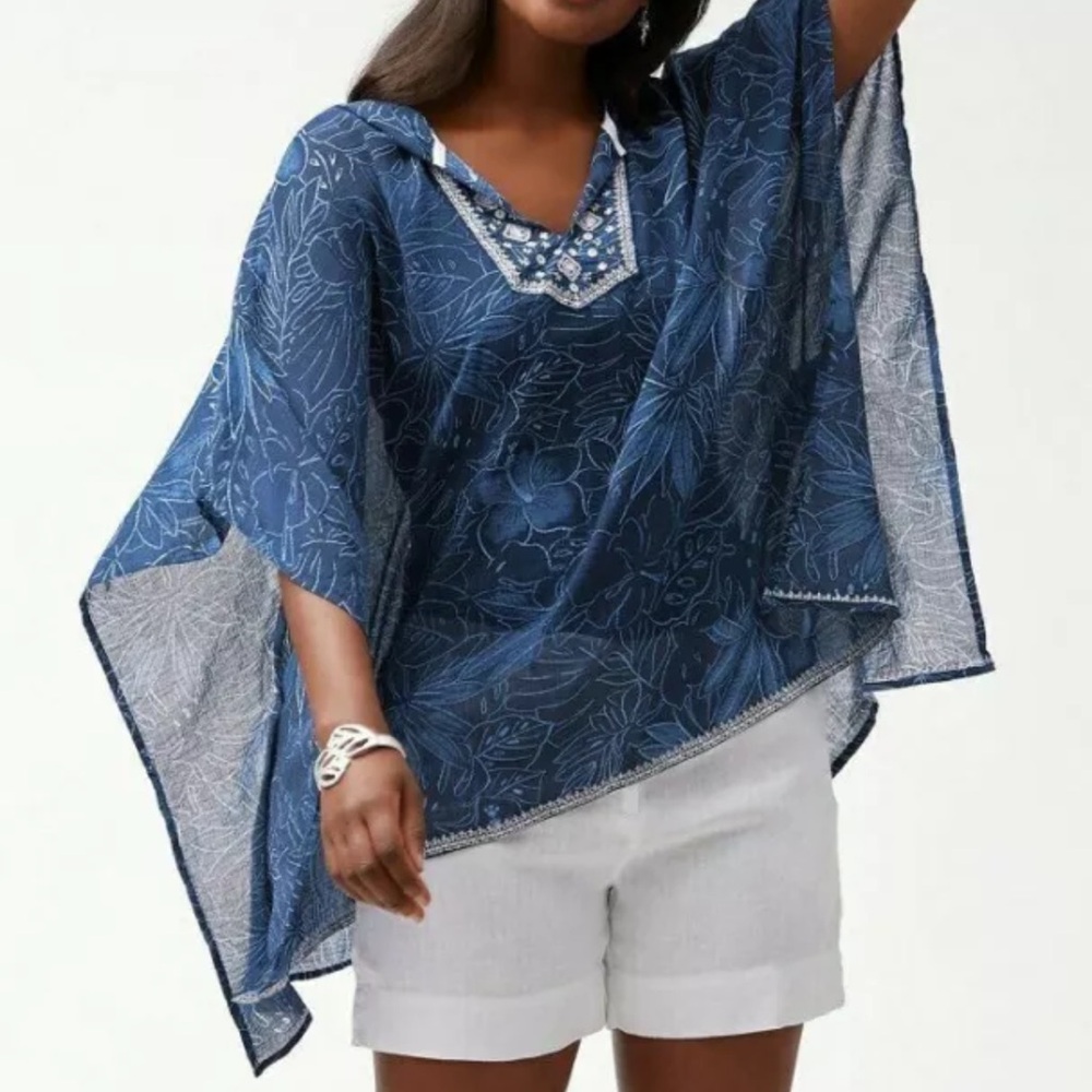Tommy Bahama Gauze Kaftan Floral Top Blue Tunic Embroidery CoverUp Hood XS